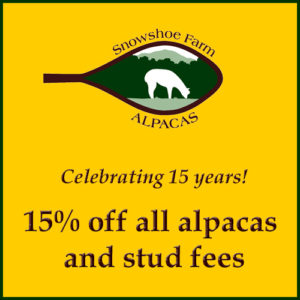 15% off all alpacs and breeding fees at snowshoe farm